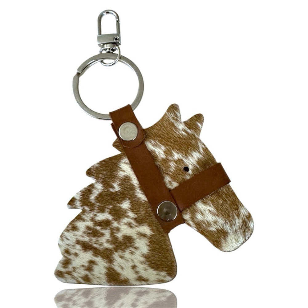 Brown Horse Keychain Bag Charm Genuine Hair on Cowhide Leather for Women or Men